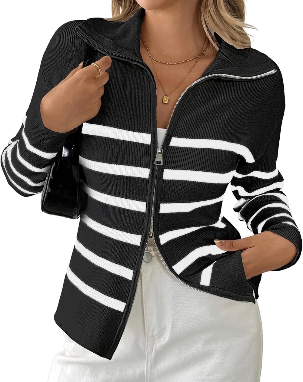 NWOT Bsubseach Cardigan Sweater Women Striped Double Zipper Black White Medium